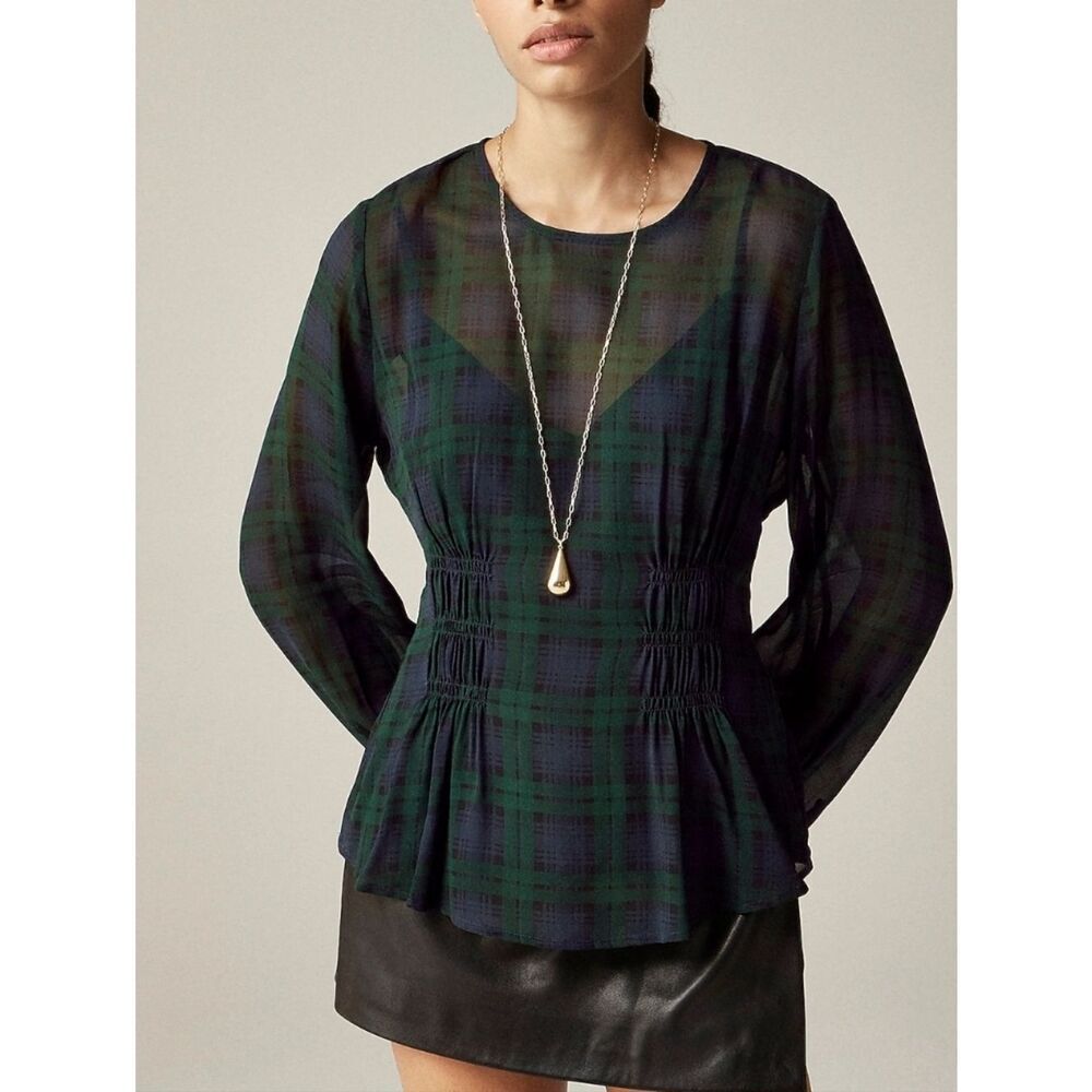 J. Crew Chiffon Shirred Waist Blouse In Black Watch Tartan With Camisole NWT